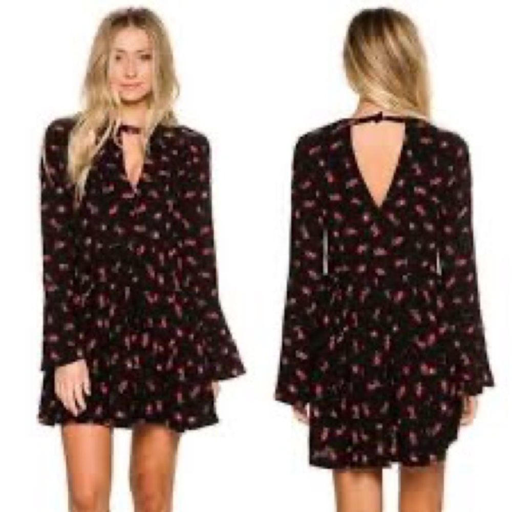 Free People Black Mini Dress with Red Floral Print
